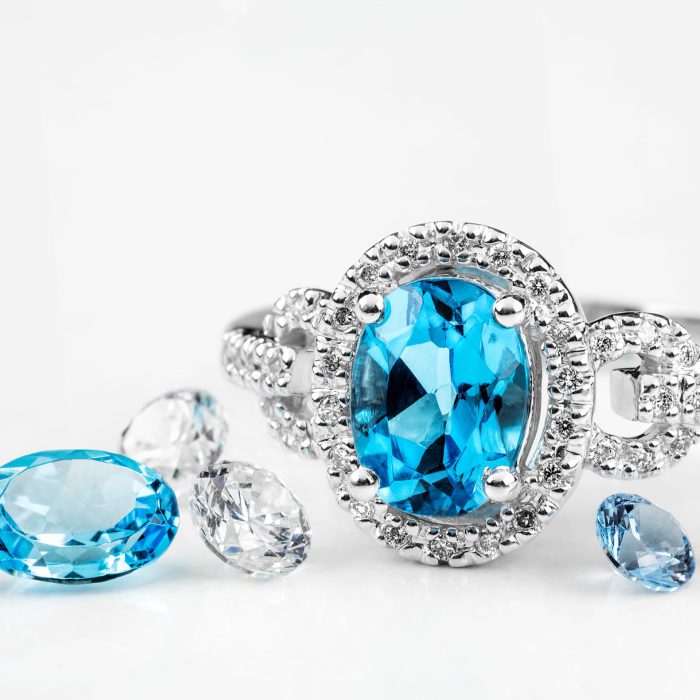 Diamond ring. Ring with diamonds and  large topaz. Topaz and diamond stones.